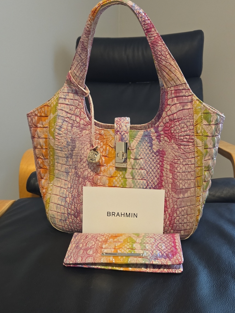 Brahmin Multicolor Croc-Embossed Leather Shoulder Bag - Pink, Yellow, Green